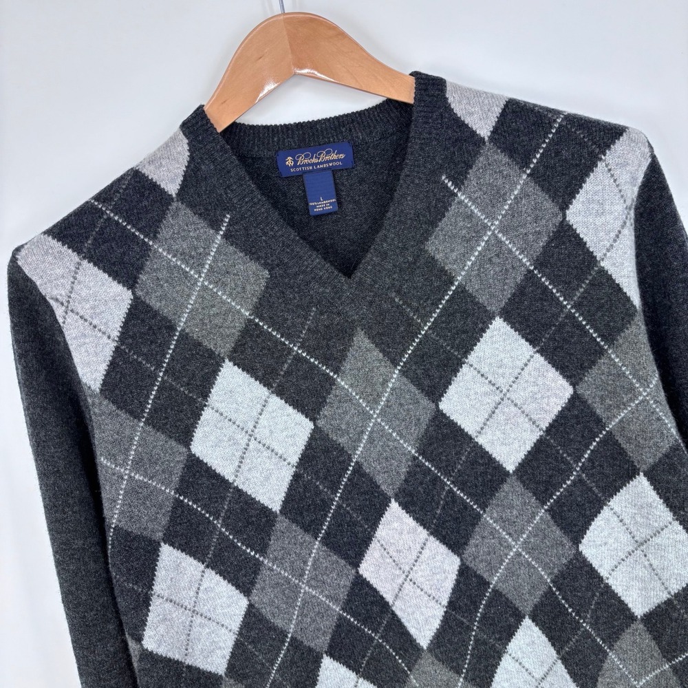 Brooks Brothers Scottish Lambswool Argyle V-Neck Sweater Mens L Grey Charcoal